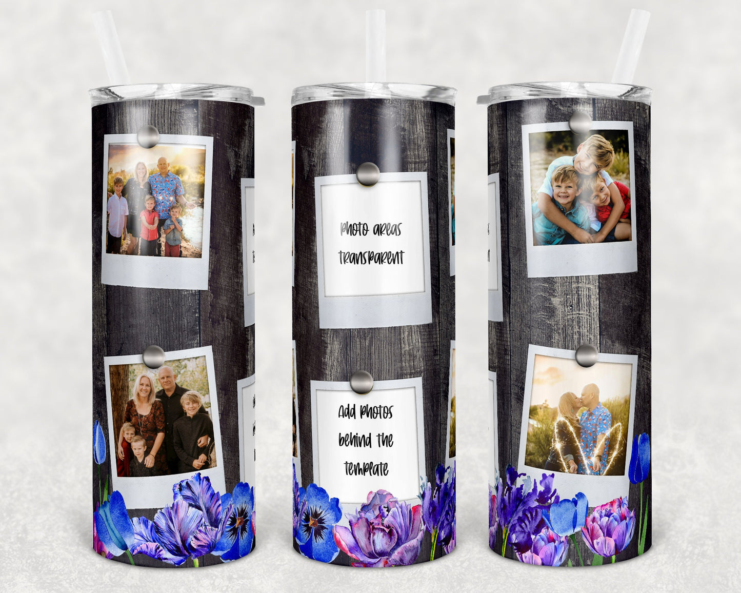 20 oz Skinny Tumbler Picture Frame Wood Purple Blue Tulip Floral 6 photos Sublimation Design