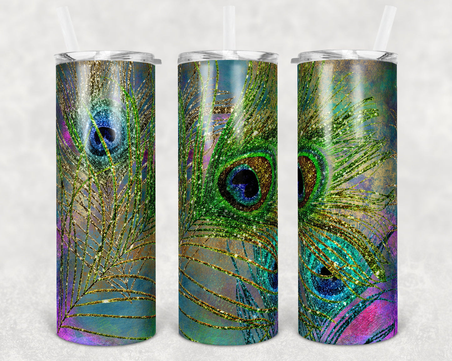 20 oz Skinny Tumbler Sublimation Design Template Feather Peacock Design Glitter