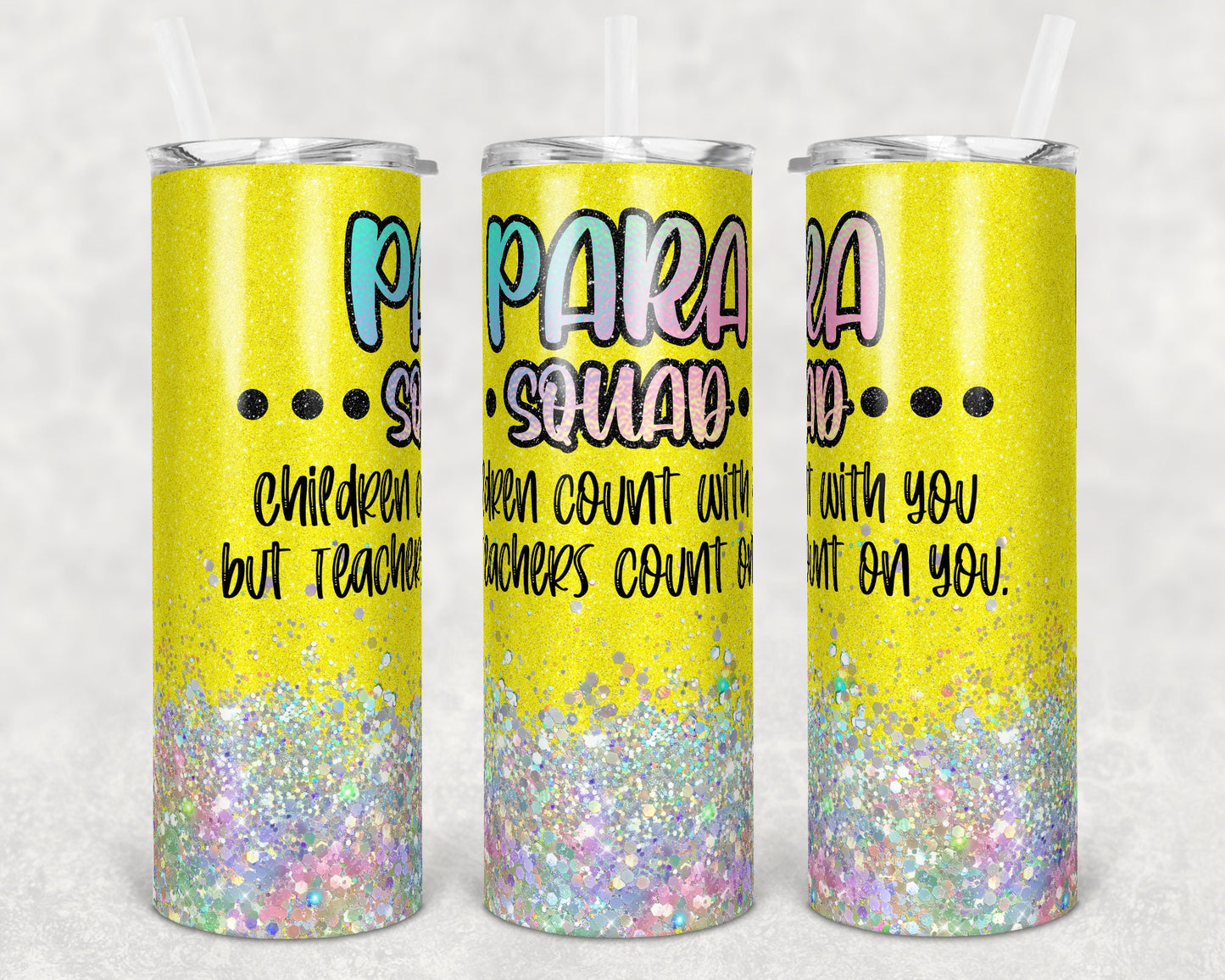 20 oz Skinny Tumbler Para Educator Sublimation Design Glitter Ombre Yellow Holo Straight Warped Design Teacher