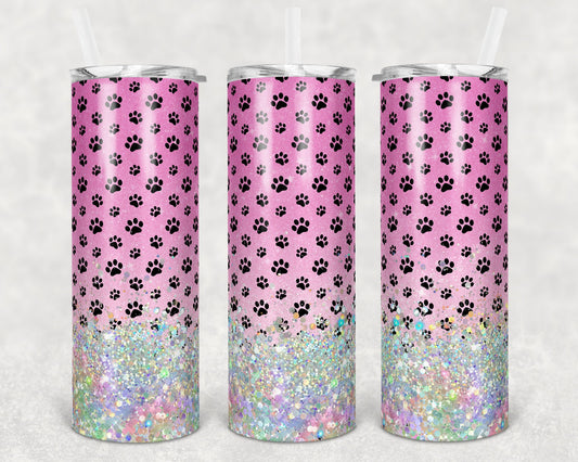 20 oz Skinny Tumbler Sublimation Pink Glitter Paw Dog Holographic Glitter Personalize Template Straight Warped