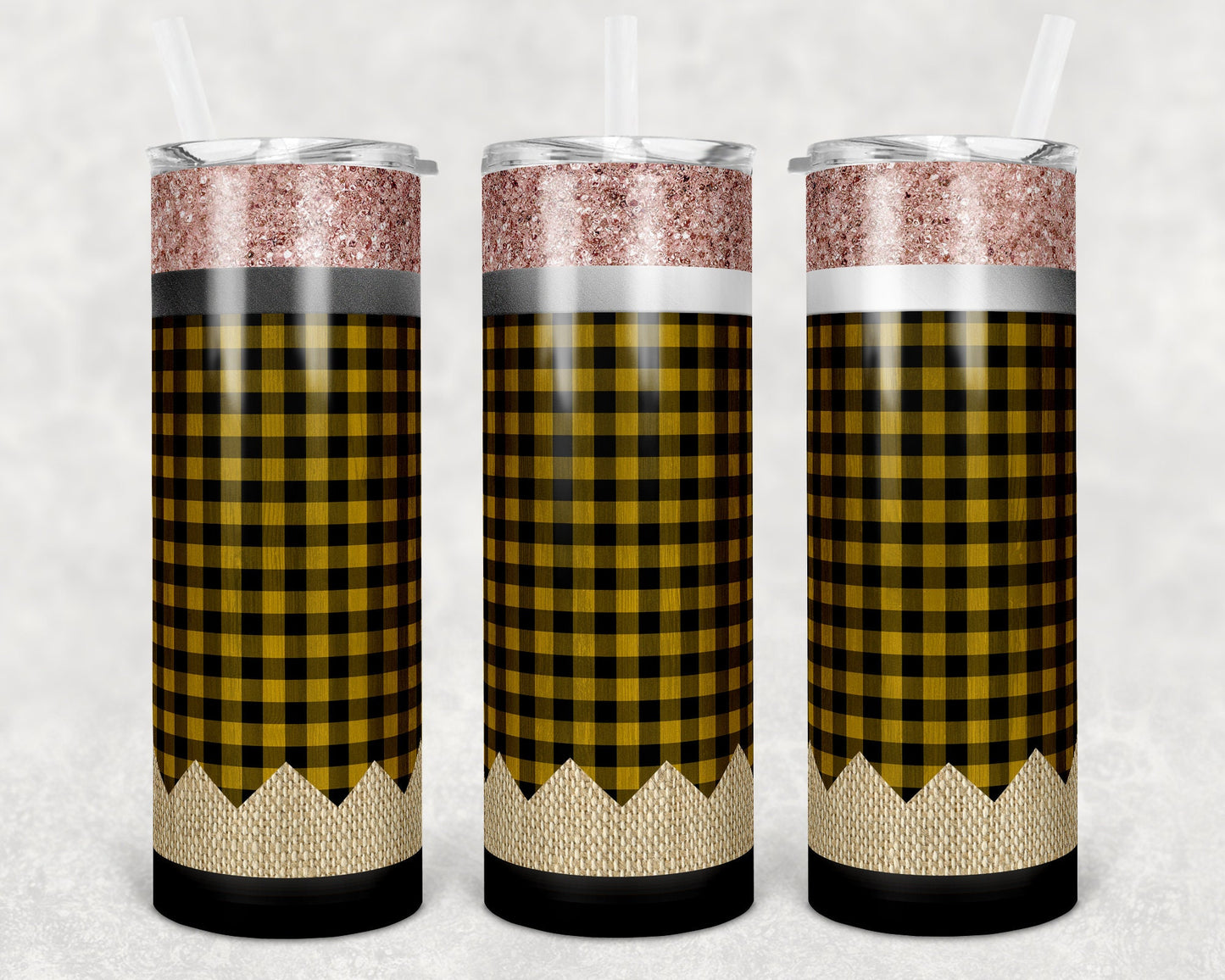 20 oz Skinny Tumbler Pencil Yellow Plaid and Glitter Teacher Tumbler Sublimation Design