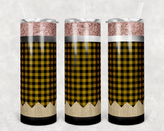 20 oz Skinny Tumbler Pencil Yellow Plaid and Glitter Teacher Tumbler Sublimation Design