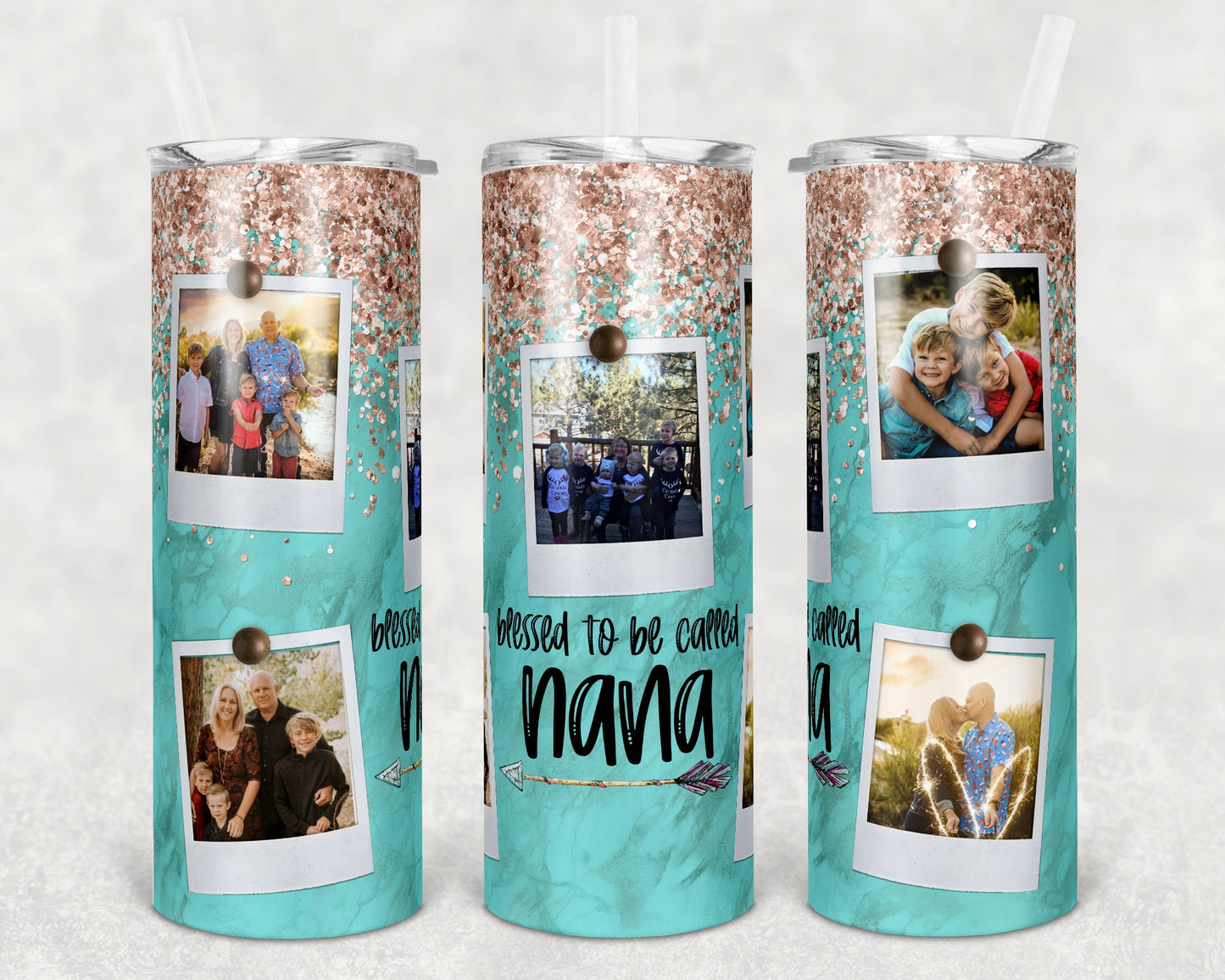 20 oz Skinny Tumbler Picture Frame Marble Glitter Blessed Nana Sublimation Design