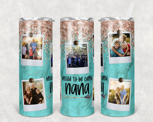 20 oz Skinny Tumbler Picture Frame Marble Glitter Blessed Nana Sublimation Design