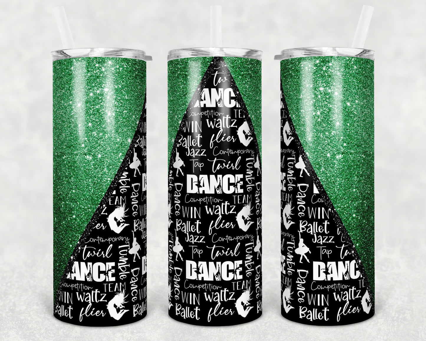 20 oz Skinny Tumbler Green Glitter Dance Dancing Sublimation Design Personalize