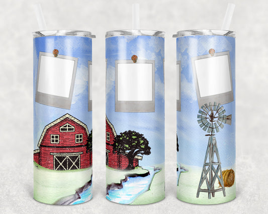 20 oz Skinny Tumbler Frame Barn Farm Creek Polaroid Picture Sublimation Design Farmhouse