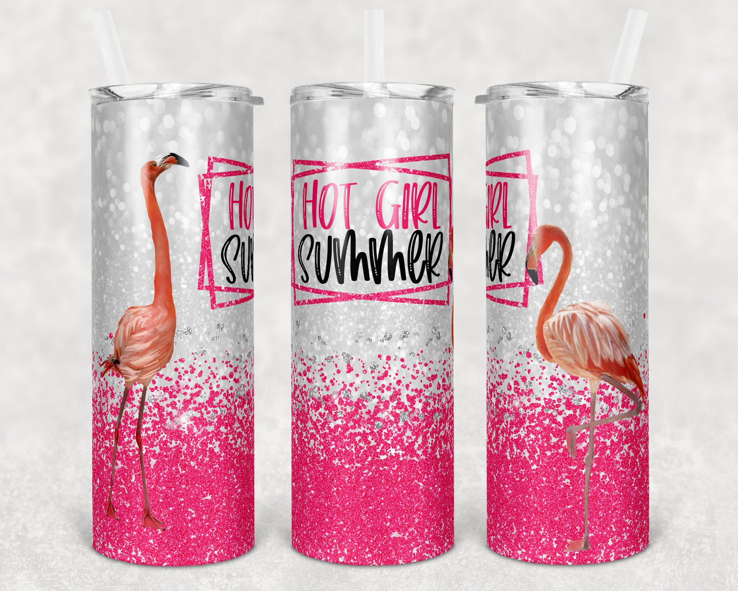 20 oz Skinny Tumbler Sublimation Design Template Glitter Hot Girl Summer Pink Flamingo Straight Warped Design