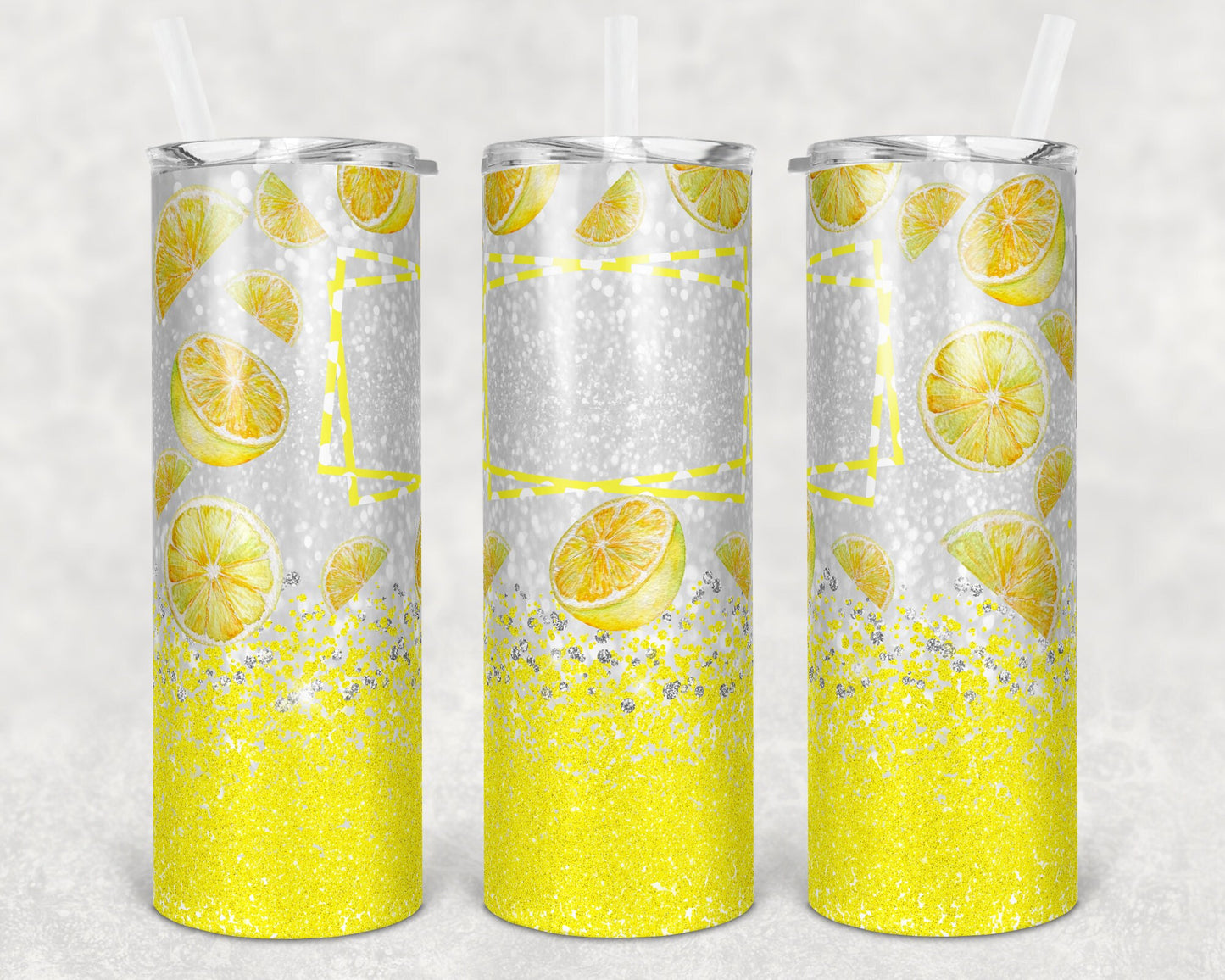 20 oz Skinny Tumbler Sublimation Design Glitter Bright Yellow when life gives you lemons Straight Warped Design