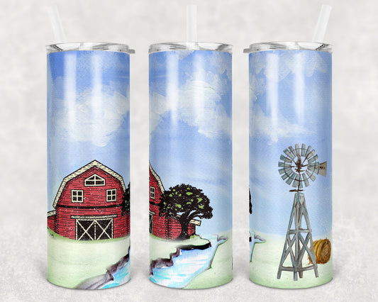 20 oz Skinny Tumbler Barn Farm Creek Landscape Sublimation Design Farmhouse