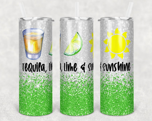 20 oz Skinny Tumbler Sublimation Design Template Glitter Tequila Lime and Sunshine Straight Warped Design