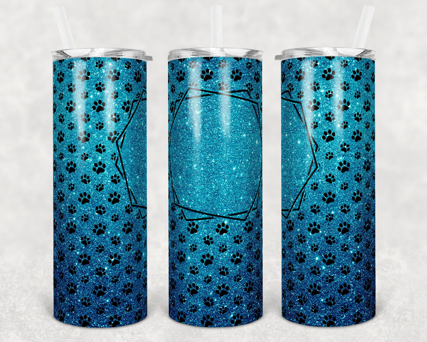 20 oz Skinny Tumbler Sublimation Blue Glitter Paw Dog Frame Add Text Personalize Template Straight Warped