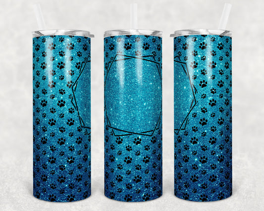 20 oz Skinny Tumbler Sublimation Blue Glitter Paw Dog Frame Add Text Personalize Template Straight Warped