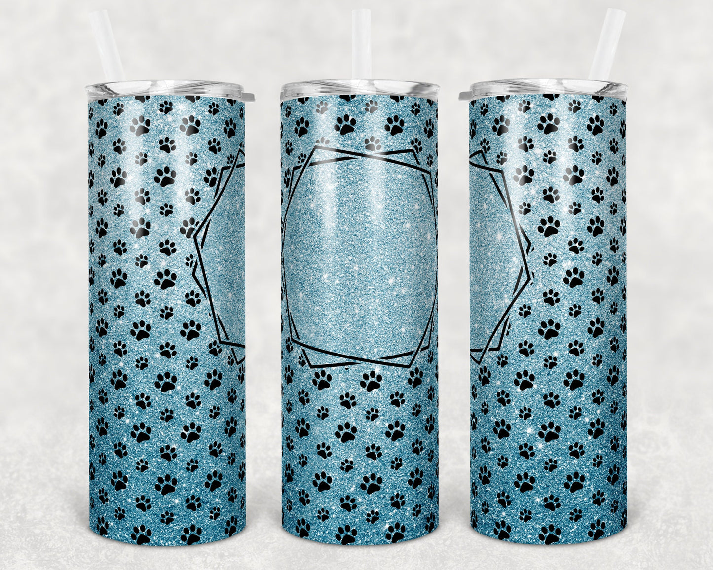 20 oz Skinny Tumbler Sublimation Light Blue Glitter Paw Dog Frame Add Text Personalize Template Straight Warped