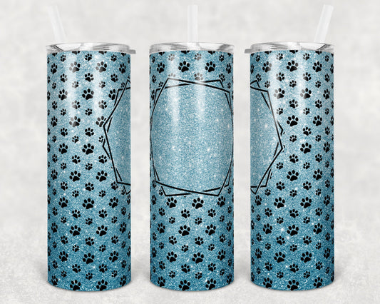 20 oz Skinny Tumbler Sublimation Light Blue Glitter Paw Dog Frame Add Text Personalize Template Straight Warped