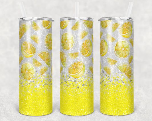 20 oz Skinny Tumbler Sublimation Design Glitter Bright Yellow lemon lemons Straight Warped Design