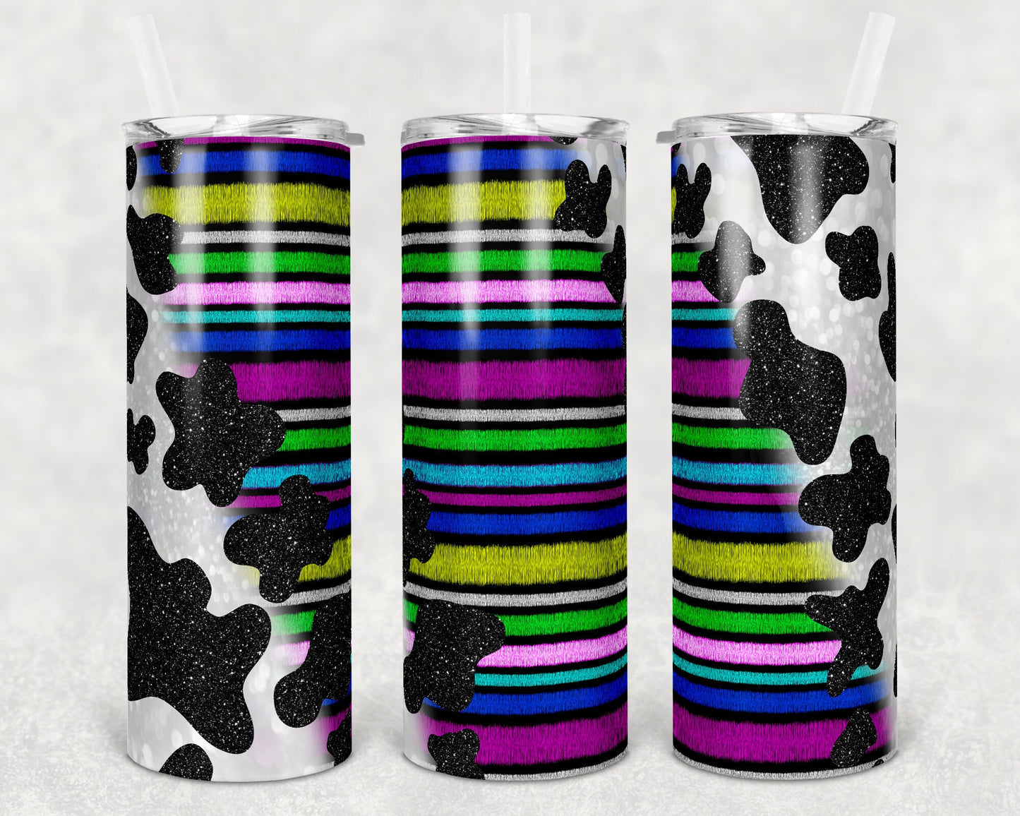 20 oz Skinny Tumbler Sublimation Glitter Cow Print Serape Design