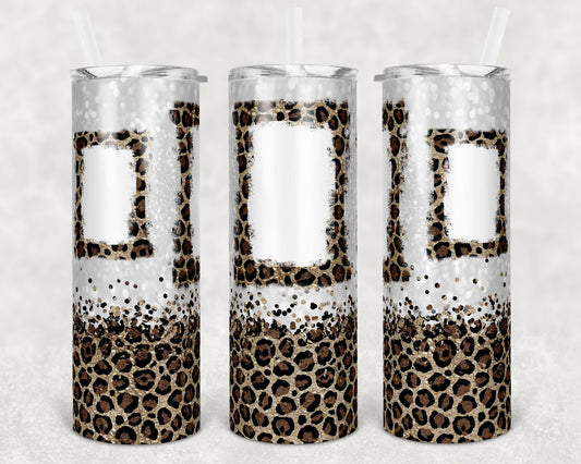 20 oz Skinny Tumbler Blank 3 Photo Picture Frame Leopard Gold White Glitter Sublimation Design