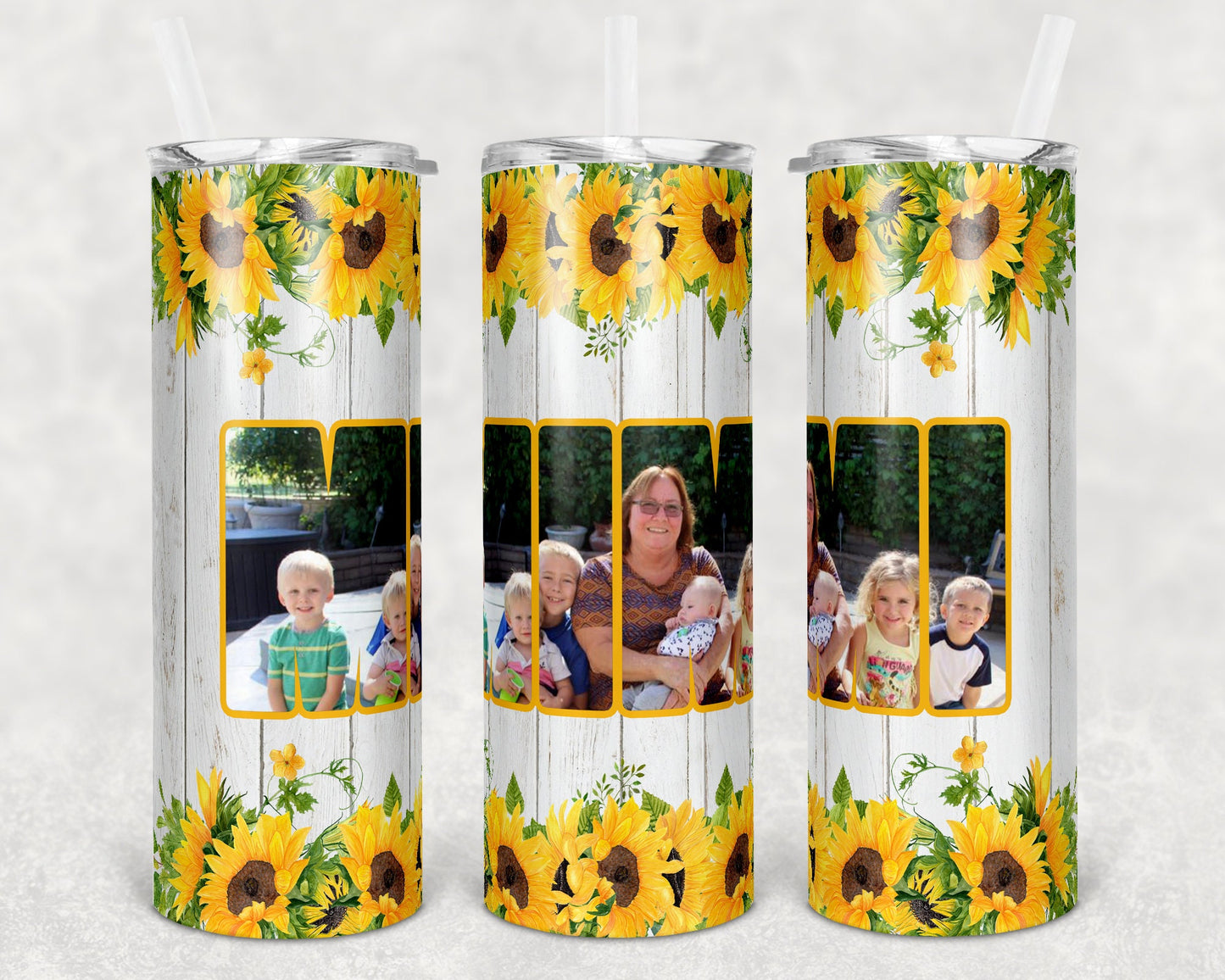 20 oz Skinny Tumbler Picture Frame Rustic Wood Sunflower Mimi photo Space Sublimation Design Mothers Day