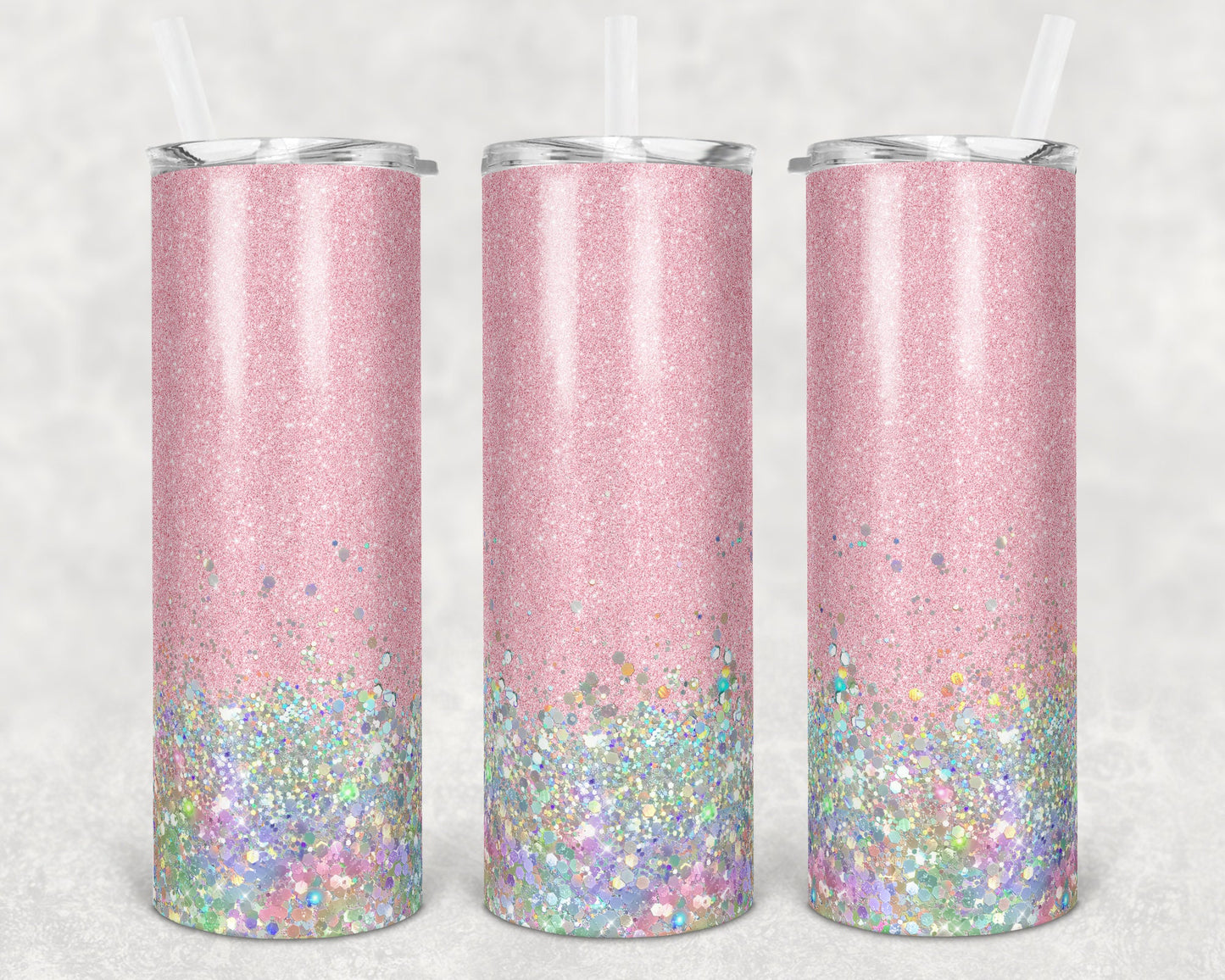 20 oz Skinny Tumbler Sublimation Design Template Glitter Pink Holographic White Straight and Warped Design