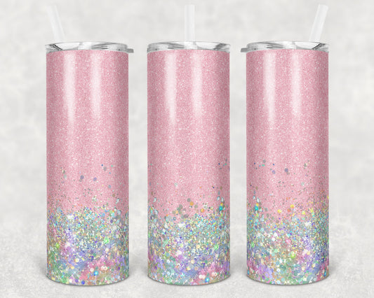 20 oz Skinny Tumbler Sublimation Design Template Glitter Pink Holographic White Straight and Warped Design