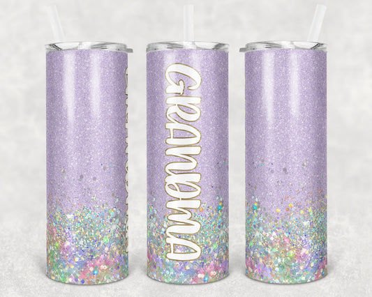 20 oz Skinny Tumbler Sublimation Design Glitter Grandma Lavender Holorahpic Glitter Straight and Warped Design tumblers
