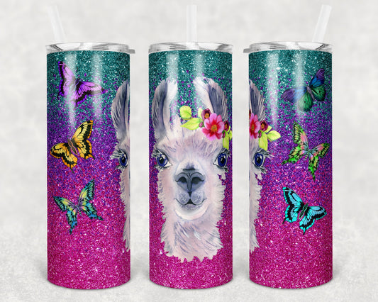 20 oz Skinny Tumbler Sublimation Glitter Ombre Llama Butterfly Design