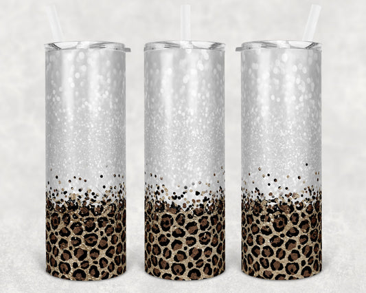 20 oz Skinny Tumbler Blank Glitter and Leopard Gold White Glitter Sublimation Design