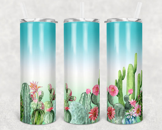 20 oz Skinny Tumbler Sublimation Soft Pastel Cactus Pretty Desert Straight and Warped Design