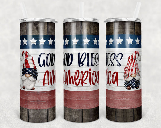 20 oz Skinny Tumbler Sublimation Design Template Gnome God Bless America Patriotic Straight and Warped Design