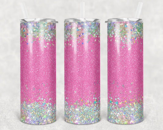 20 oz Skinny Tumbler Sublimation Design Template Glitter Pink Holographic White Straight and Warped Design
