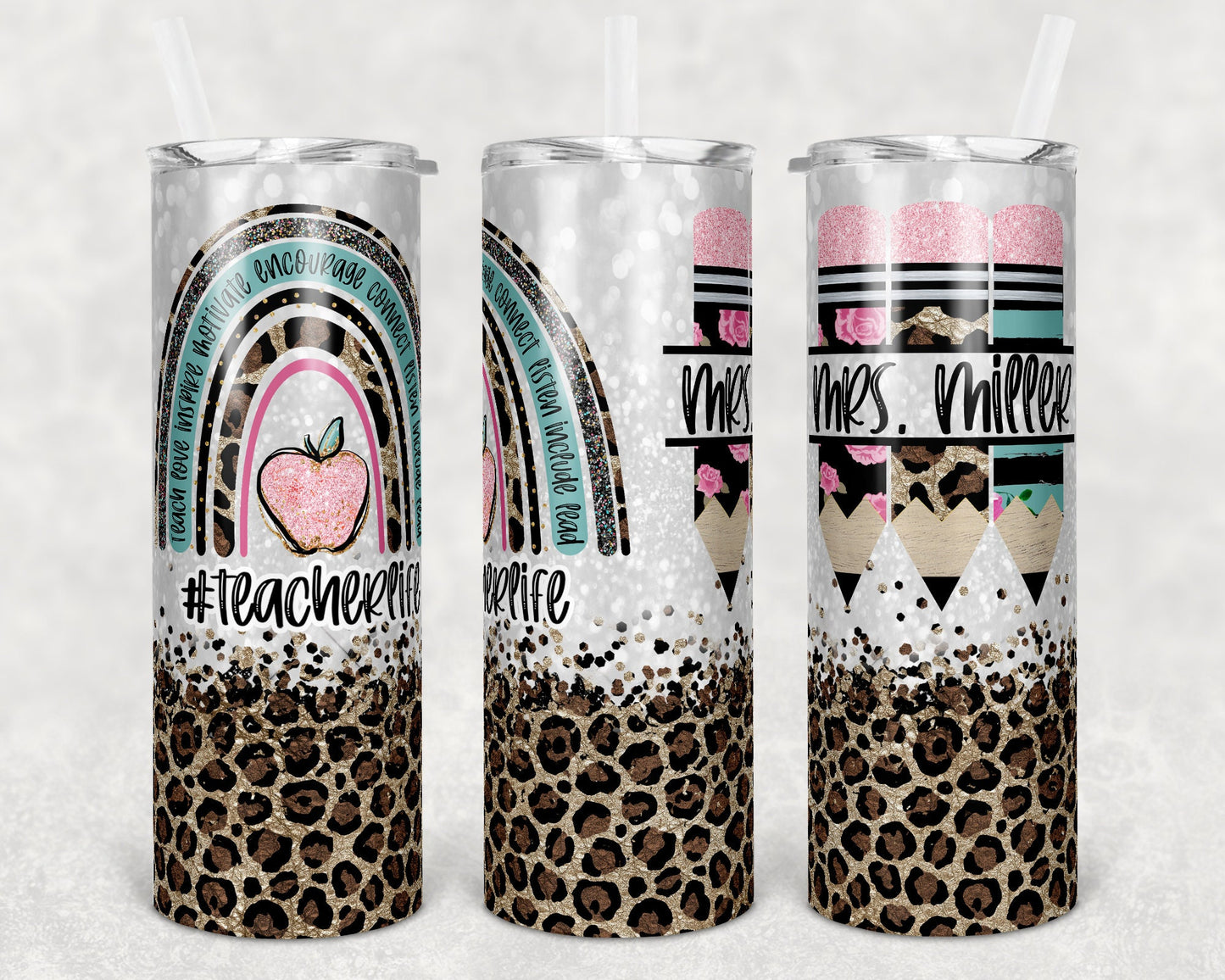 20 oz Skinny Tumbler Rainbow Leopard Glitter Teacher Tumbler Pencil Monogram Teacher Life Sublimation Design