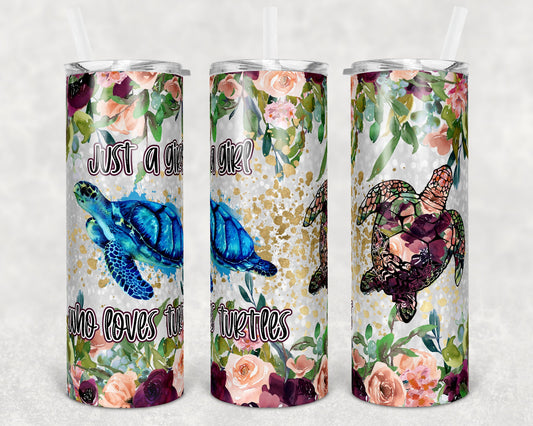 20 oz Skinny Tumbler Sublimation Design Template Glitter Turtle and Flowers Just a Girl Ocean