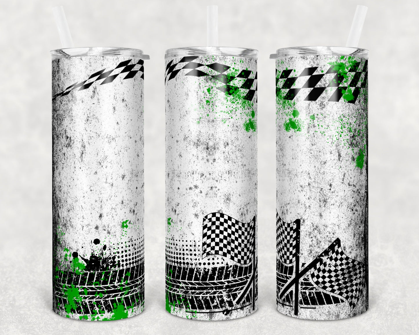 20 oz Skinny Tumbler Sublimation Design Racing Race Green Splatter Checkered Tumbler