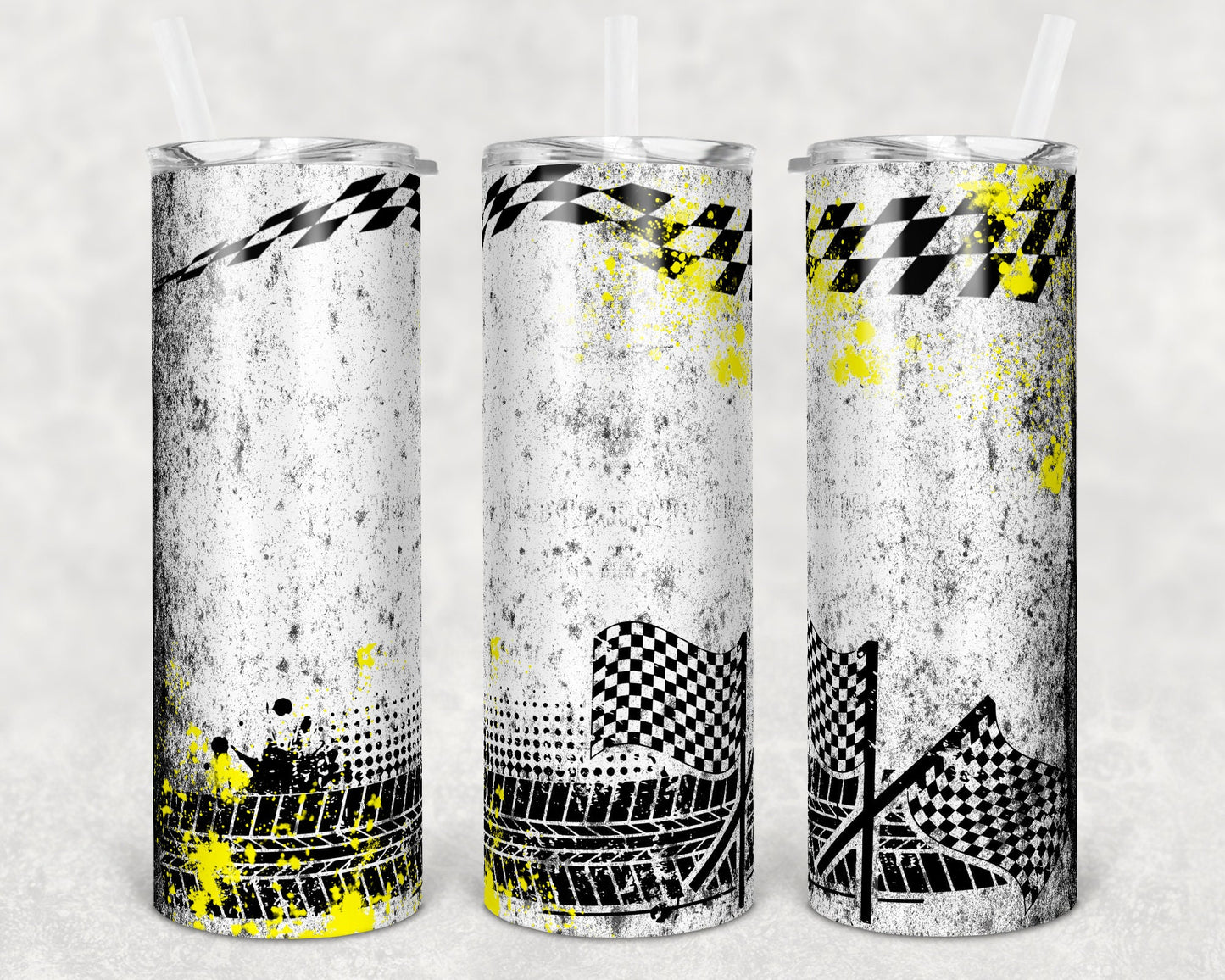 20 oz Skinny Tumbler Sublimation Design Racing Race Yellow Splatter Checkered Tumbler