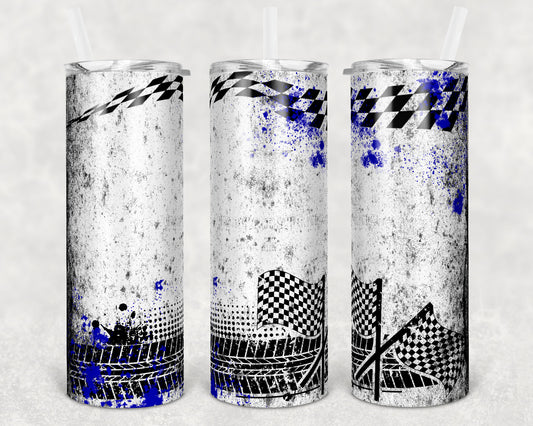 20 oz Skinny Tumbler Sublimation Design Racing Race Blue Splatter Checkered Tumbler