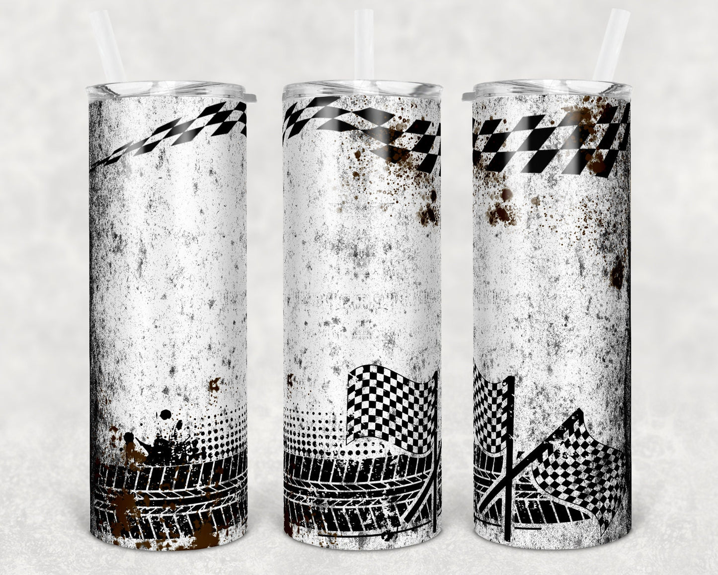 20 oz Skinny Tumbler Sublimation Design Racing Race Brown Splatter Checkered Tumbler