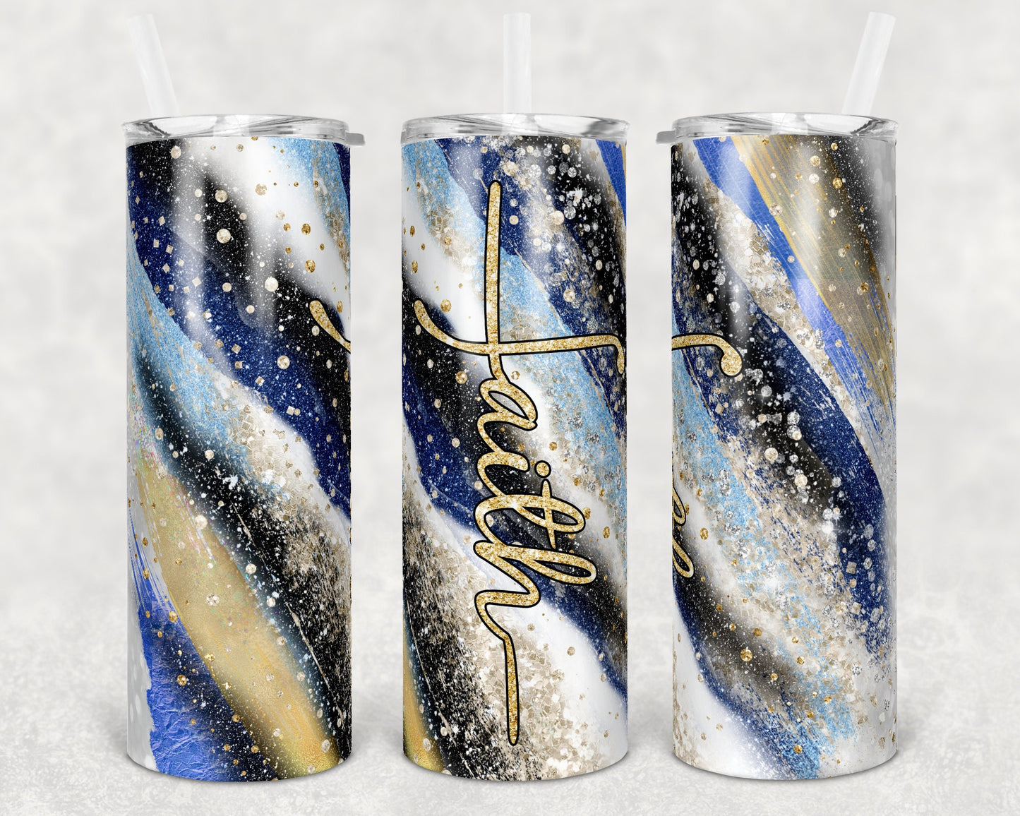 20 oz Skinny Tumbler Blue Milky way Gold Faith Cross Sublimation Design Print Transfer