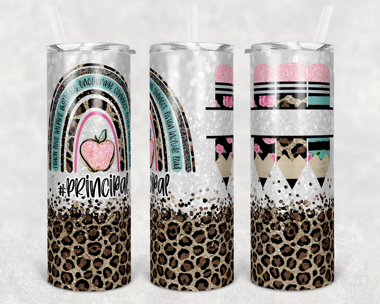 20 oz Skinny Tumbler Rainbow Leopard Glitter Principal Tumbler Pencil Monogram Teacher Life Sublimation Design