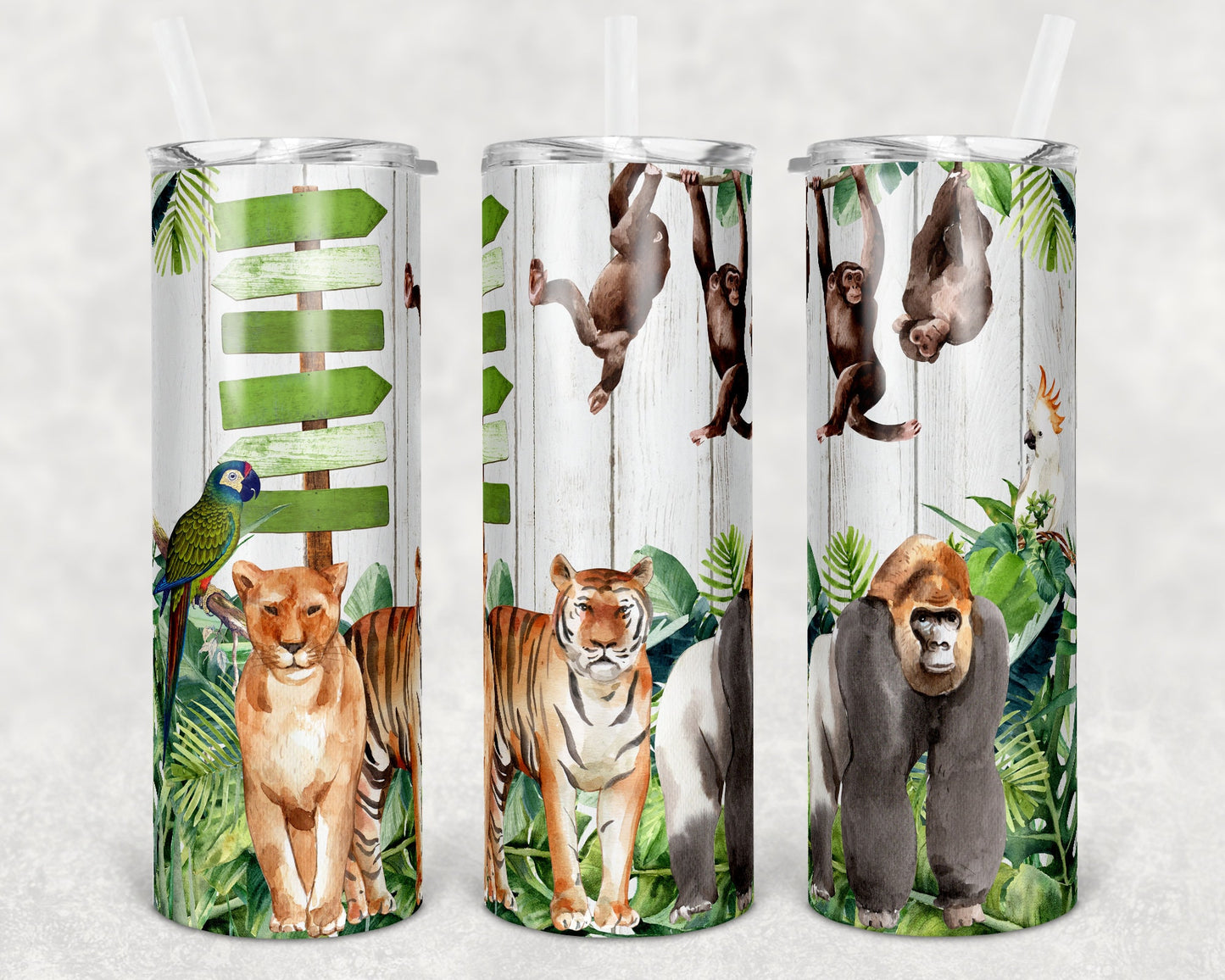 20 oz Skinny Tumbler Sublimation Design Template Zoo with Directional Animals Sign Straight and Warped