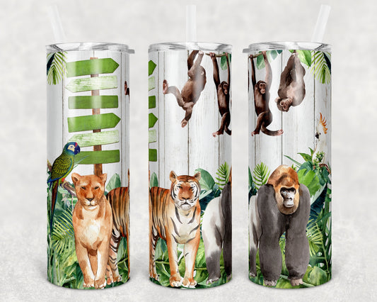 20 oz Skinny Tumbler Sublimation Design Template Zoo with Directional Animals Sign Straight and Warped