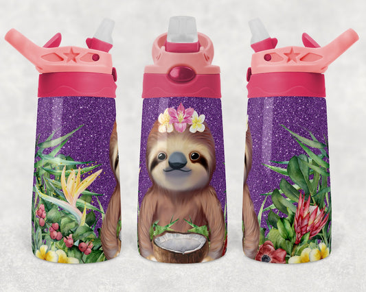 Kids colored flip top water bottles Sublimation Design Template Glitter Sloth Purple Tumbler