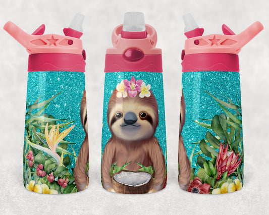 Kids colored flip top water bottles Sublimation Design Template Glitter Sloth Teal Tumbler