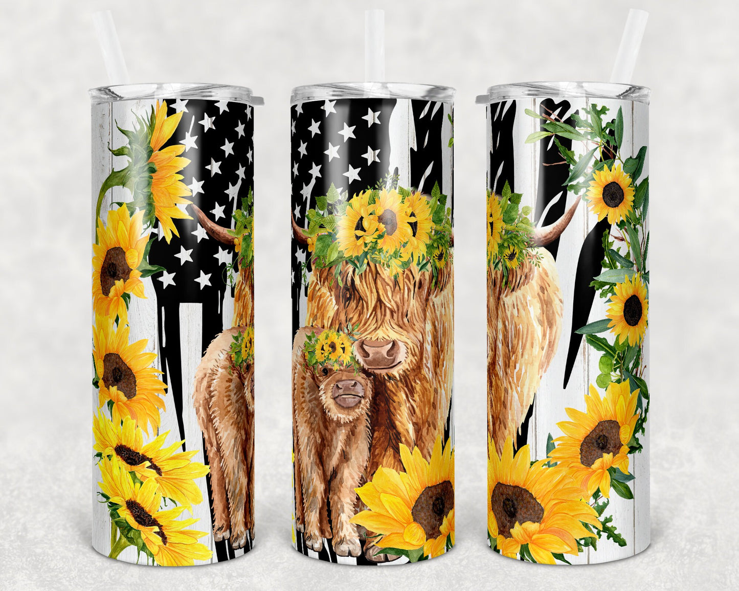 20 oz Skinny Tumbler Sublimation Flag Sunflower and Highland Cow Rustic Wood Design