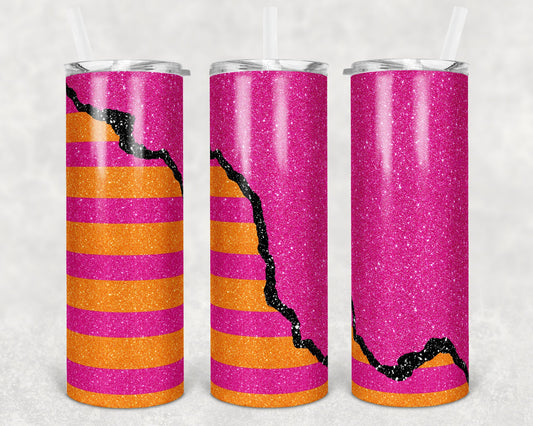 20 oz Skinny Tumbler Black White Striped Block Geode Pink Orange Sublimation Design