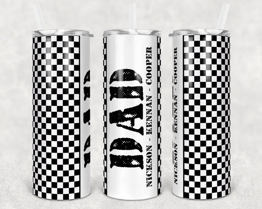 20 oz Skinny Tumbler Checkered Flag Racing Blank, with Dad, Personalize name plate Sublimation Design