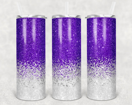 20 oz Skinny Tumbler Sublimation Design Template Faux Glitter Purple White Straight Warped Design