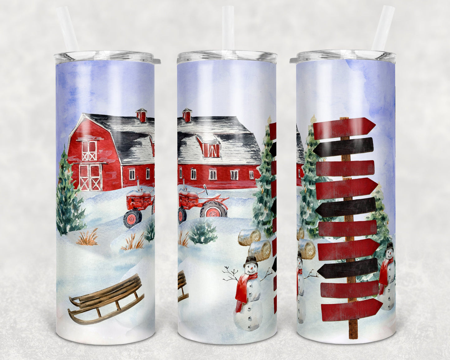 20 oz Skinny Tumbler Winter Red Barn Country Customizable Name Sign tumbler Sublimation Design