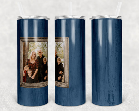 20 oz Skinny Tumbler Blue Wood Picture Frame Tumbler Single Frame photo Sublimation Design