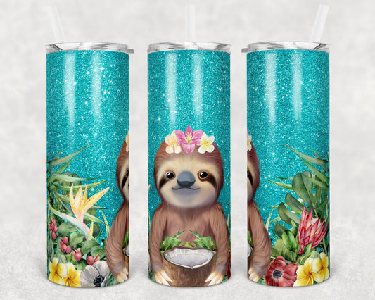 20 oz Skinny Tumbler Sublimation Design Template Glitter Teal Sloth Straight Warped Tumblers