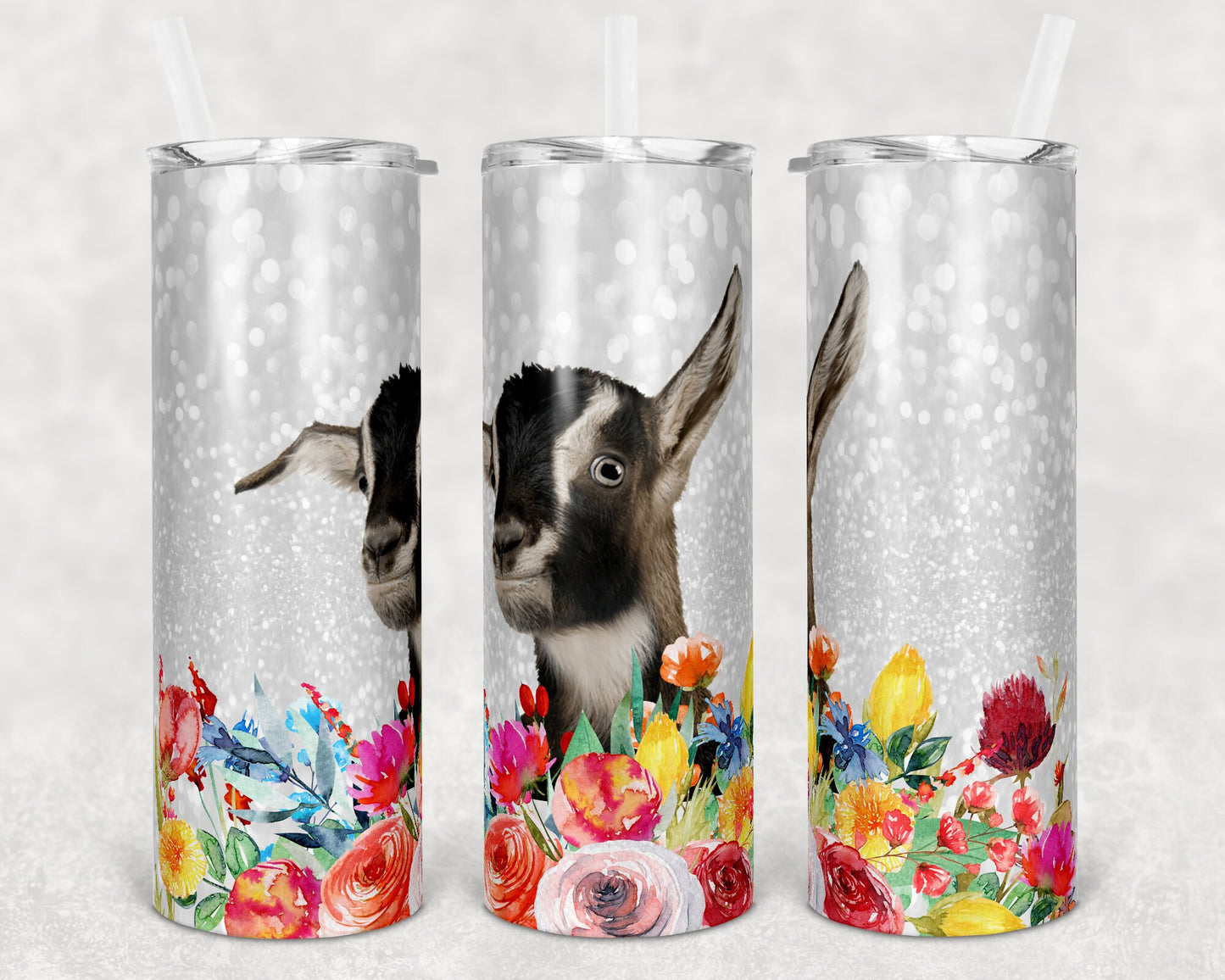 20 oz Skinny Tumbler Sublimation Design Template Cute Lamacha Goat Wildflowers Straight and Warped